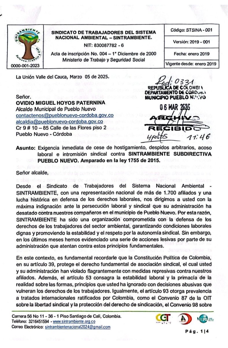 SintrambienteNa's tweet photo. 🆘Denunciamos persecución laboral y sindical en @AlcaPuebloNuevo con despidos selectivos y hostigamiento. 
Exigimos la reincorporación de trabajadores, cese de la persecución y respeto a la autonomía sindical.  #RespeetoDerechosLaborales https://t.co/9TRcRyQEkR