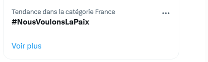 Bcp de gens tweetent contre la poursuite de la guerre en Ukraine sans poster #NousVoulonsLaPaix ! C'est dommage parce qu'il pourrait de nouveau être affiché en tendance et ce serait un plus pour résister à la vague médiatique. 
Encourageons-nous à le faire ! 
Merci de RT, SVP !