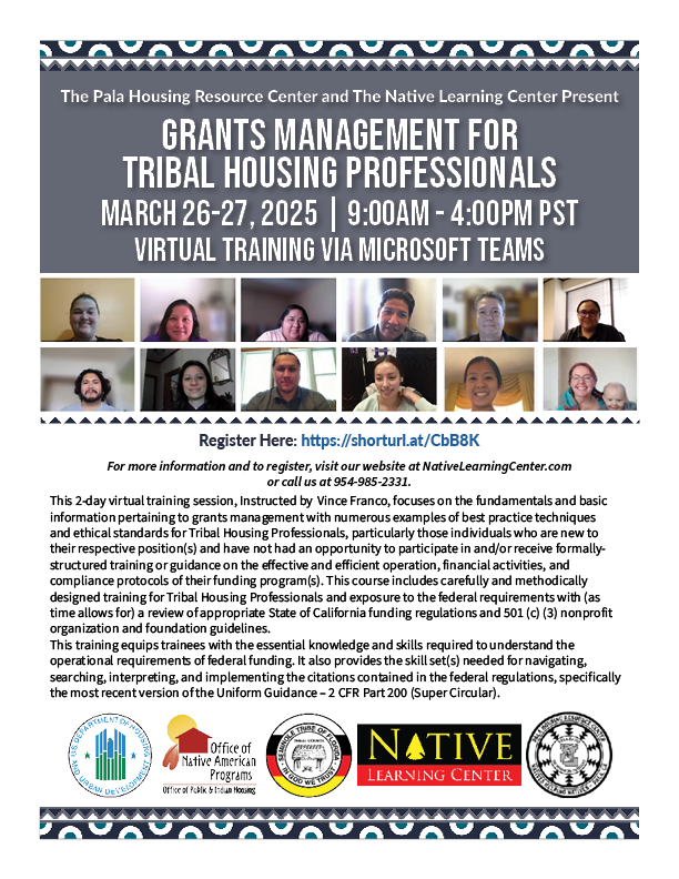 nativelearningc's tweet image. Virtual Training: Grants Management for Tribal Housing Professionals
March 26-27, 2025
9:00am - 4:00pm PST

Download Flyer: shorturl.at/CbB8K

#GrantsManagement #TribalHousing #TribalProfessionals #HousingCompliance #NLC #NativeLearningCenter #TribesHelpingTribes