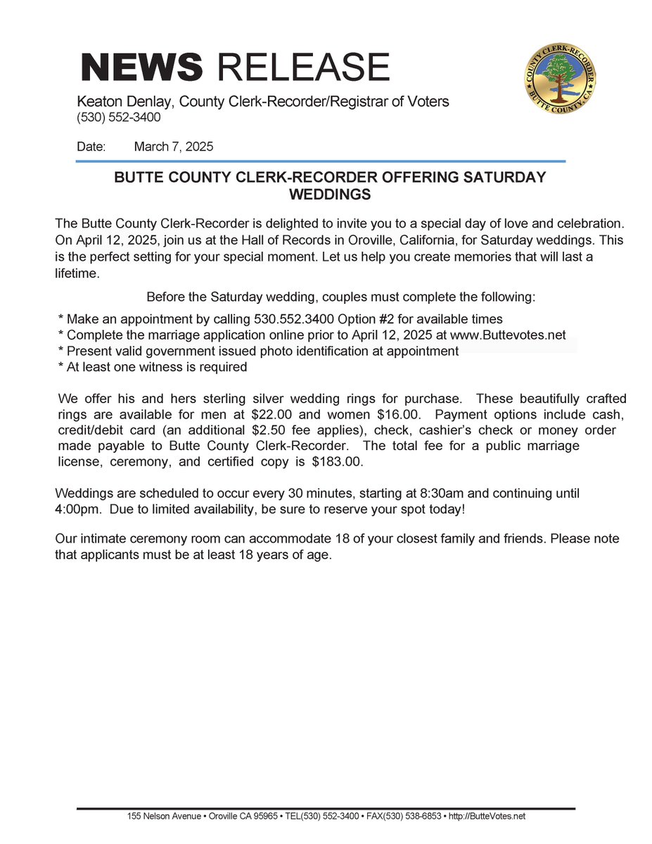 We are happy to announce the availability of Wedding Ceremonies on Saturday, April 12th!

Call to reserve your spot for your special day!

(530)552-3400, option 2