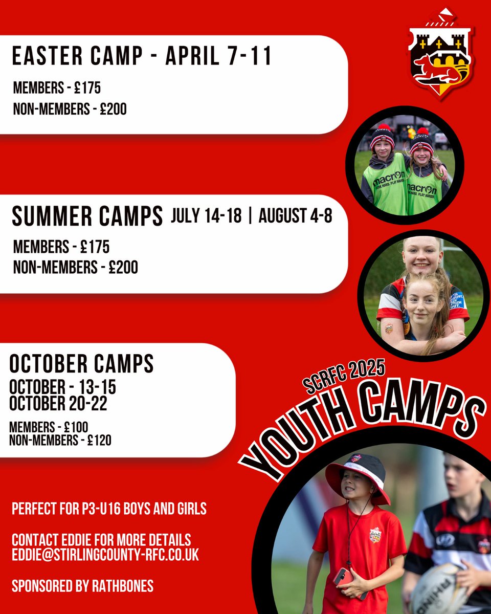 Exciting rugby opportunities for our pupils! 🏉 💜🖤🖤💜🏉

Our local club <a href="/StirlingCounty/">Stirling County RFC</a> are running a series of rugby camps over the holiday periods. Check out the when and where and get yourself signed up. 

#wallacerugby #positivepartnership 
#rugbycamps