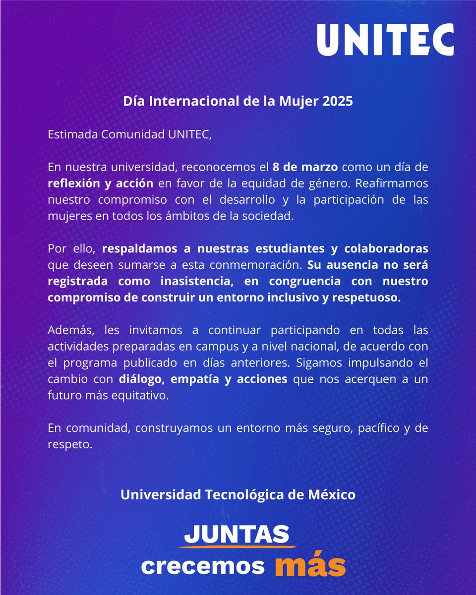 Estimada Comunidad UNITEC. 💜