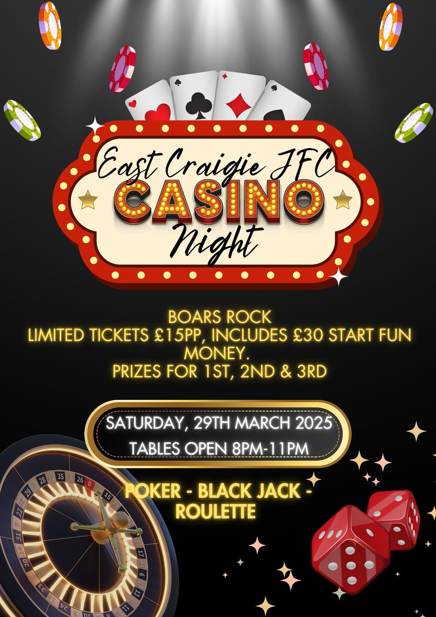 EAST CRAIGIE CASINO NIGHT ⚓️🎰🎲

To buy your tickets please contact us via social media, email or by contacting a member of the East Craigie committee ⚽️