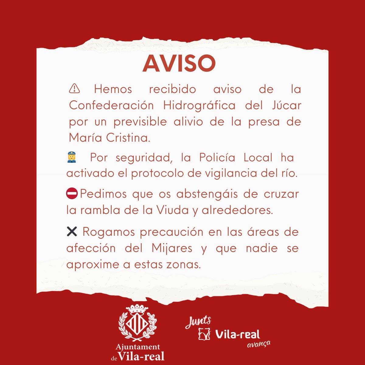 📢 Hem rebut avís d'un previsible alleujament de cabal de la presa de Maria Cristina. 

Demanem precaució en els voltants del riu Millars.