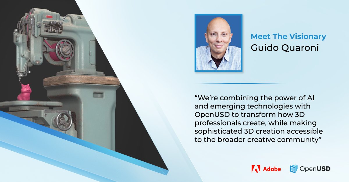 Meet #OpenUSD visionary Guido Quaroni, Senior Director of Engineering for 3D at <a href="/Adobe/">Adobe</a>, and founding father of the USD project while at Pixar. 👋

Learn how he's shaping OpenUSD’s future at Adobe, making advanced #3D creation more accessible. 👏

🔗hubs.la/Q039ZYz10