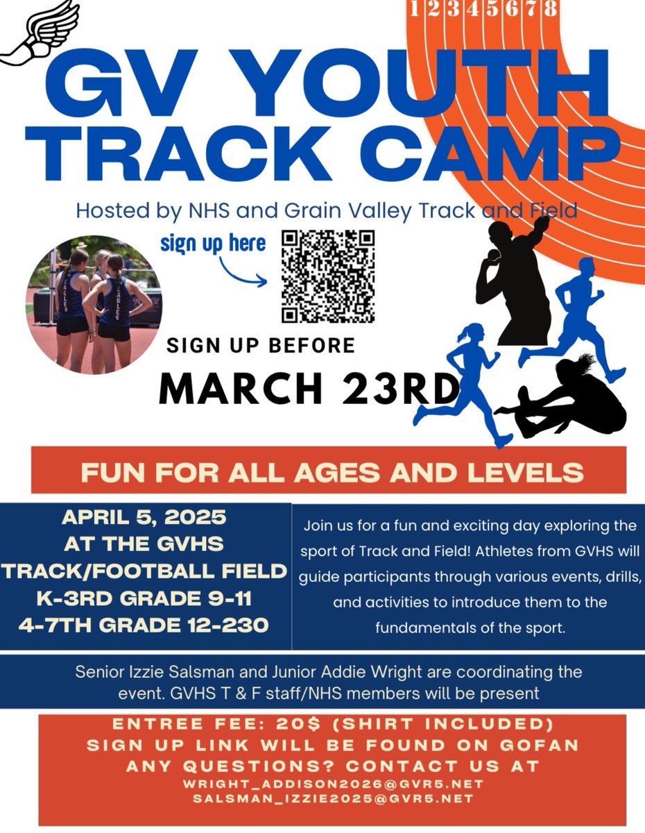 Join us for our Youth Track Camp hosted by our very own All-State High jumper Izzie Salsman and Addie Wright! 
🗓️Saturday April 5th, 2025
⏰ K-3rd | 9-11am
⏰4-7th | 12-2:30pm
📍GVHS Track
✍️🆙 here: gofan.co/event/3315562?…