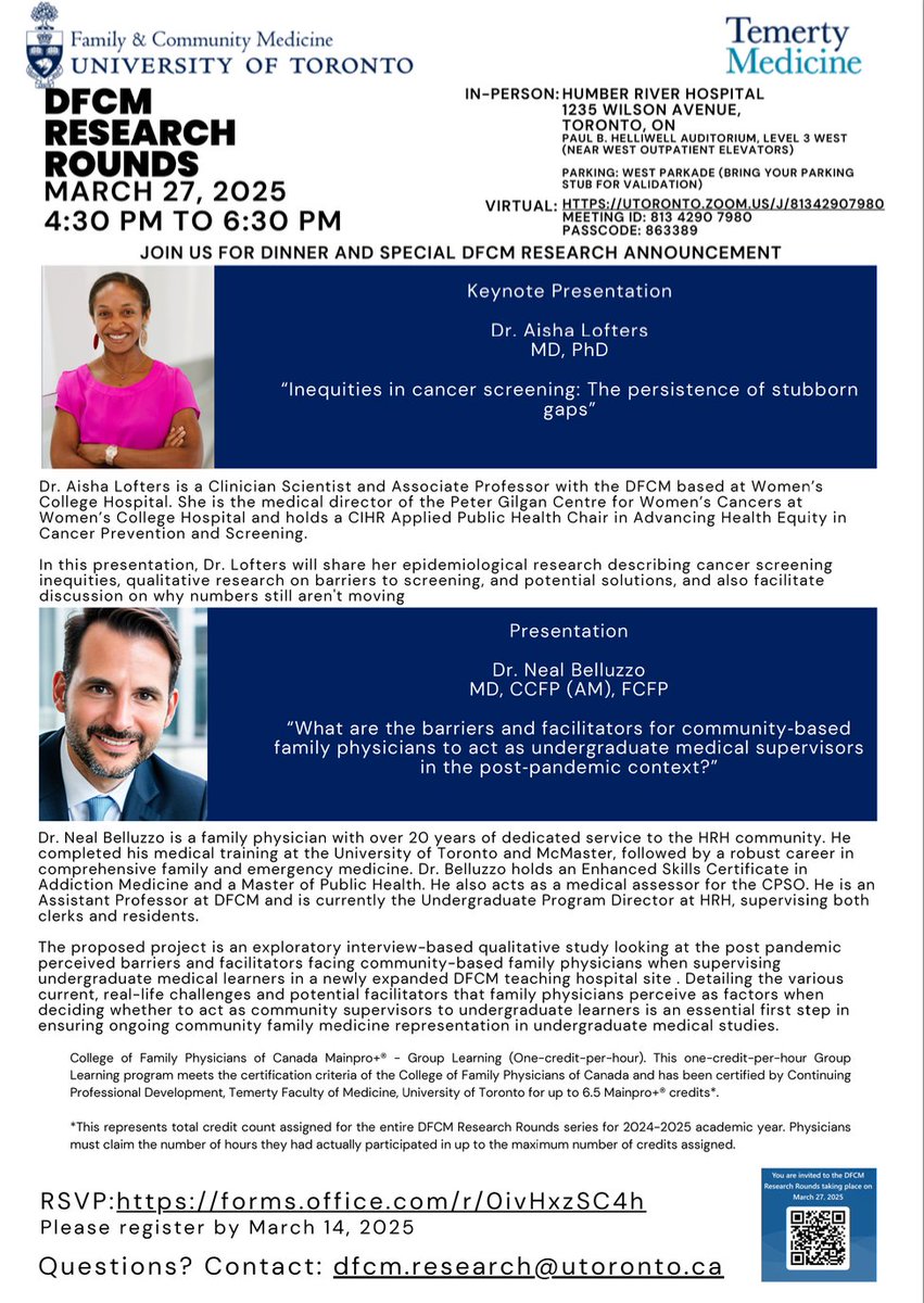 subjectmatterca's tweet photo. 🩺 Join DFCM Research Rounds March 27, 2025!  Dr. Aisha Lofters - cancer screening inequities  Dr. Neal Belluzzo - medical supervision post-pandemic  In-person @ Humber River Health or virtual 4:30-6:30 PM   RSVP by March 14: https://t.co/bNOvjz1HA0 #MedicalResearch #PublicHealth https://t.co/4oe71ukzkm
