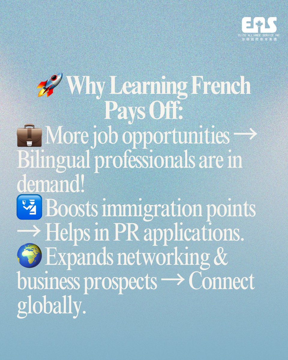 EASGroup's tweet photo. 🌍 Did you know? French is one of Canada’s official languages!

📌 Why learn French?
✅ Opens up career &amp; immigration opportunities
✅ Increases bilingual advantages in the workplace
✅ Strengthens cognitive &amp; communication skills

#FrenchCourse #Bilingualism #CareerSuccess https://t.co/QHeA3mnwx6