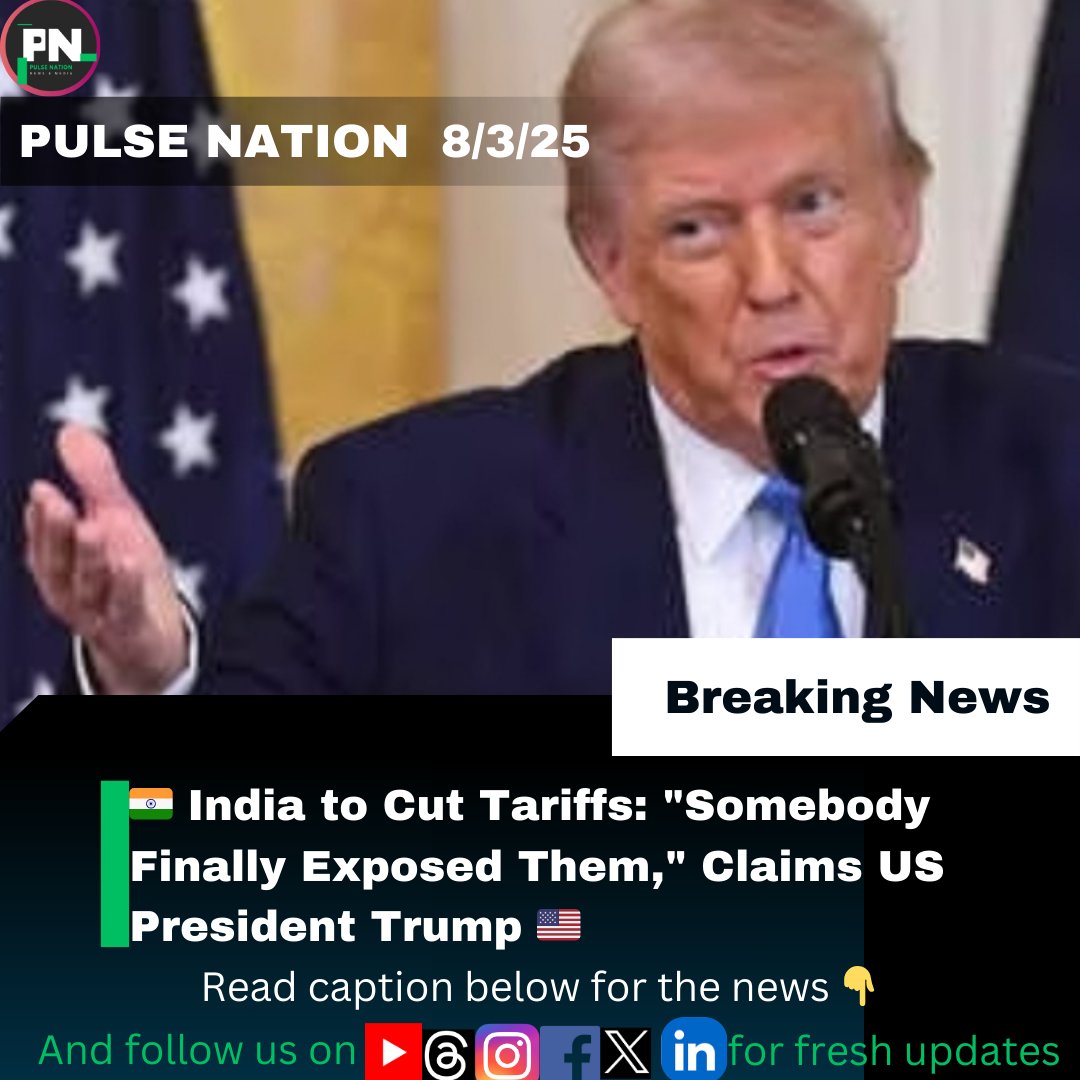 Pulse_nation365's tweet photo. 🇺🇸🆚🇮🇳 U.S. President Trump claims India agreed to cut tariffs after being "exposed" for high charges. This comes as Tesla eyes a zero-tariff entry into India. Meanwhile, India adopts a cautious approach amid the global trade war.

#IndiaUS #Tariffs #TradeWar #Tesla https://t.co/PdYGrE2wHx
