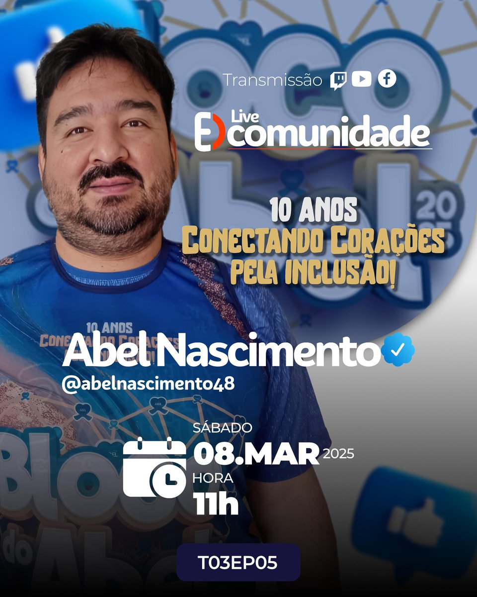 10 anos do bloco do Abel - Uma festa de amor e alegria
O Live-EDcomunidade deste sábado, 8, vai receber Alice Bessa - Presidente do Bloco do Abel que se prepara para celebrar uma década de amor e inclusão social.