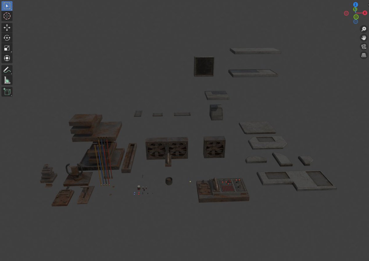 We're not dead! Working on a tough section of the game. Here's  a photo of some control panel kit objects I had to make recently (in use vs separated pieces)