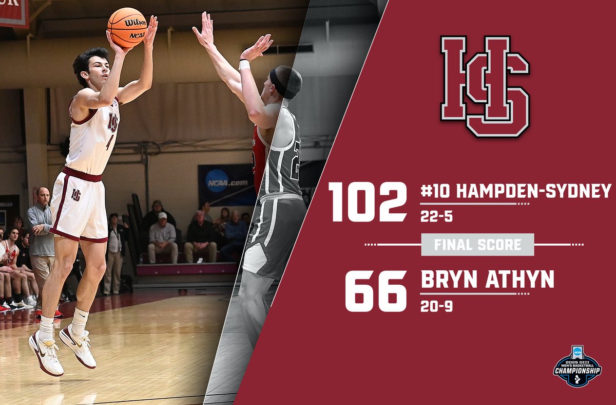 FINAL | #⃣1⃣0⃣ Hampden-Sydney defeats Bryn Athyn (PA) 102-66 in first round of <a href="/NCAADIII/">NCAA Division III</a> Tournament. Ayman McGowan w/18 points, Adam Brazil w/12 points &amp; Tugg Bizzelle w/10 points. Tigers play Pitt-Bradford on Saturday at 6:40 p.m. #GID #SOE #RollTigers🐅 #NCAAD3 #ODAC #d3hoops