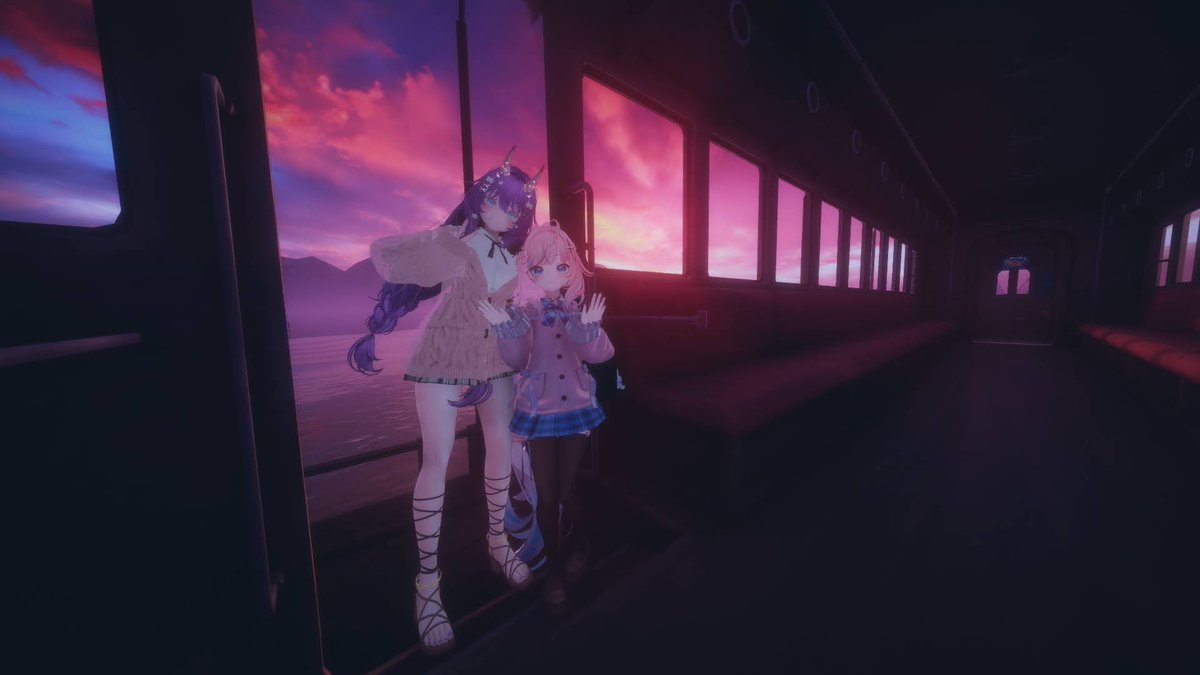 chocochoco0708's tweet photo. 列車のドアが開いてて、そこから外を見るの良かった♡

私は落ちないように立ってたのに、落ちて戻れなくなってるアルさんは面白かったwww

その後、制服改変をどーる達に見せに行った！！

 #Last Departure
 #Faltering Journey
 #VRchat https://t.co/5RxEXaGHre