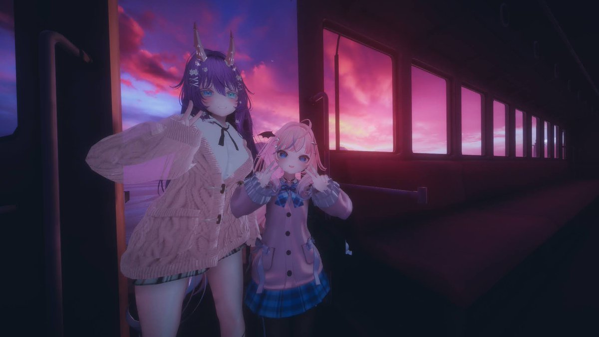 chocochoco0708's tweet photo. 列車のドアが開いてて、そこから外を見るの良かった♡

私は落ちないように立ってたのに、落ちて戻れなくなってるアルさんは面白かったwww

その後、制服改変をどーる達に見せに行った！！

 #Last Departure
 #Faltering Journey
 #VRchat https://t.co/5RxEXaGHre