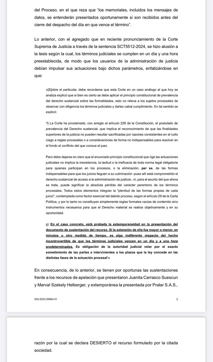 jairoparrac's tweet photo. ¿Si un correo se envía dentro del término, pero sin el recurso adjunto y este se remite después del cierre del juzgado (5:02 p.m.), se considera extemporáneo? TSB: Respecto al informe secretarial en el que se indica que allegó un correo vacío a las 5:00 pm del último día, esto es, sin contener el escrito con el cual pretendía sustentar la alzada ante el superior y, a las 5:02 pm, se presentó aquél, es decir, “fuera del horario laboral”, debe aclararse que en esta instancia la censura elevada por la citada entidad no podrá tenerse en cuenta, con fundamento a lo que ha dicho la jurisprudencia frente a que las actuaciones ante los estrados deben adelantarse dentro de unos horarios específicos, so pena de que no se tengan por efectuadas en el día correspondiente y, al tenor de lo que regula el artículo 111 del Código General del Proceso, en el que reza que “ memoriales, incluidos los mensajes de datos, se entenderán presentados oportunamente si son recibidos antes del cierre del despacho del día en que vence el término” —⬇️⬇️—