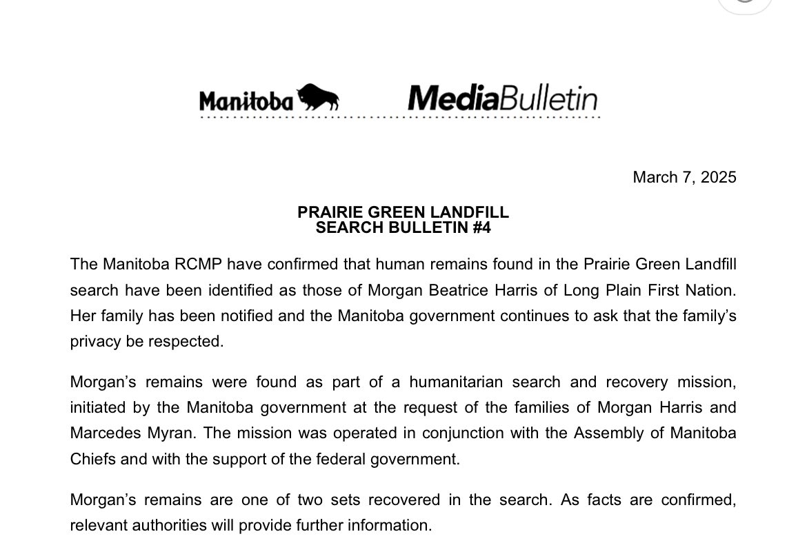 DennisWardNews's tweet photo. Human remains recently found at Prairie Green Landfill have been identified as those of Morgan Harris. The province says Morgan’s remains are one of two sets recovered in the search. https://t.co/iCXdGXkmaQ