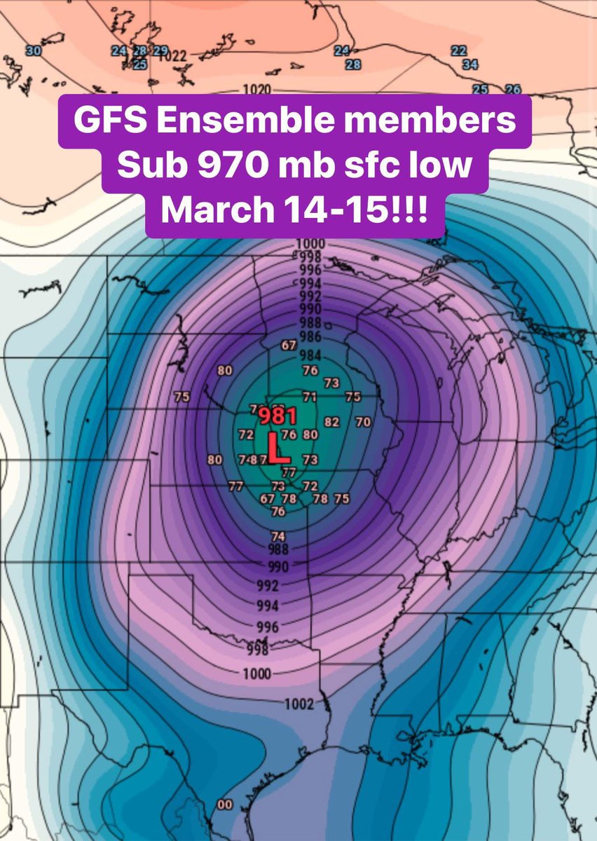ReedTimmerUSA's tweet photo. YOU GOTTA BE KIDDING ME!

We have GFS ensemble members with surface lows in the 960s mb across the central U.S. on March 14-15 with bomb cyclone Colorado Low ejection.

This storm system will likely have a tornado event in the large warm sector as well as a blizzard on the cold side, as happens often during the early spring. The deepest Colorado Lows happen in the spring and fall. This storm system will be cooking along as many of them will during 2025.

Stay tuned for forecast updates on this ripper