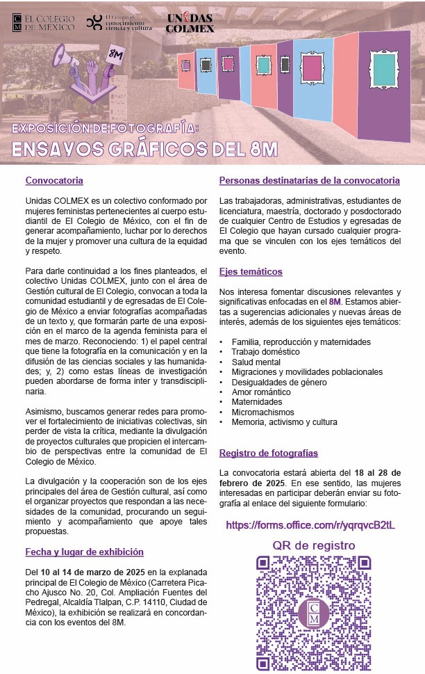 elcolmex's tweet photo. Si eres estudiante o egresada de El Colegio de México, @UnidasColmex y Gestión Cultural te invitan a participar en la exposición "Ensayos gráficos del #8M".

Una exposición que busca ser un espacio para la reflexión, el arte y la difusión sobre temas de género. https://t.co/lRtp75WrU8