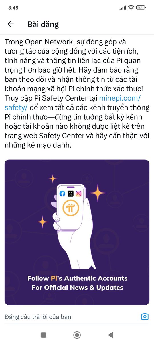 Crypto___New's tweet photo. 📢📢 PiNetwork: Hãy đảm bảo rằng bạn theo dõi và nhận thông tin từ các tài khoản mạng xã hội Pi chính thức xác thực! Truy cập Pi Safety Center tại https://t.co/5fjqhSM6KF để xem tất cả các kênh truyền thông Pi chính thức. https://t.co/u0dKAaS6eM