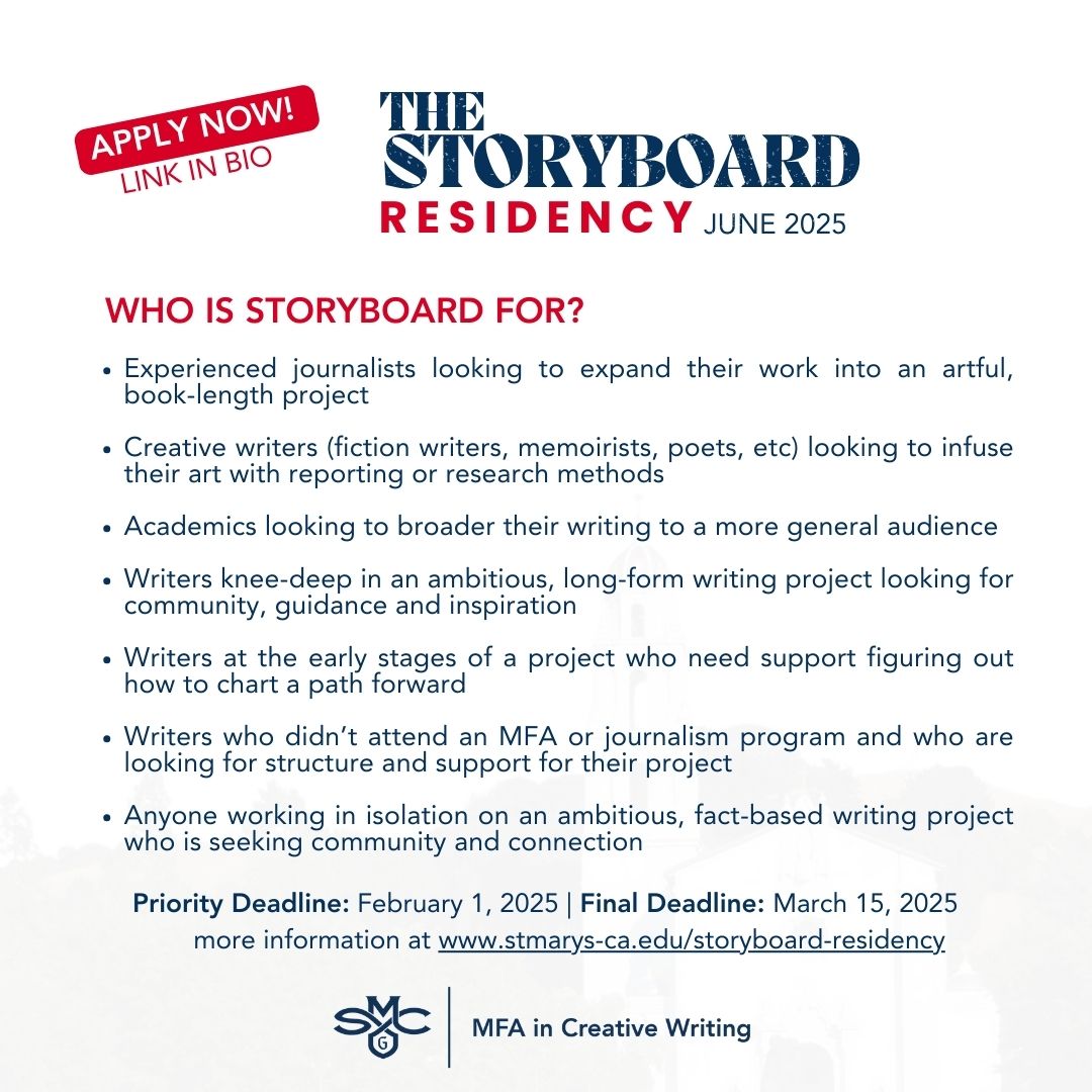 chrisarnold's tweet photo. We live in a skeptical, cynical age, but the pursuit of truth can still be beautiful. That's why @smcmfa  @stmarysca is hosting a residency for writers focused on fact-based projects in any genre. Apply by 3/15. https://t.co/XbZIOXJgia https://t.co/W3x8n5vpKy