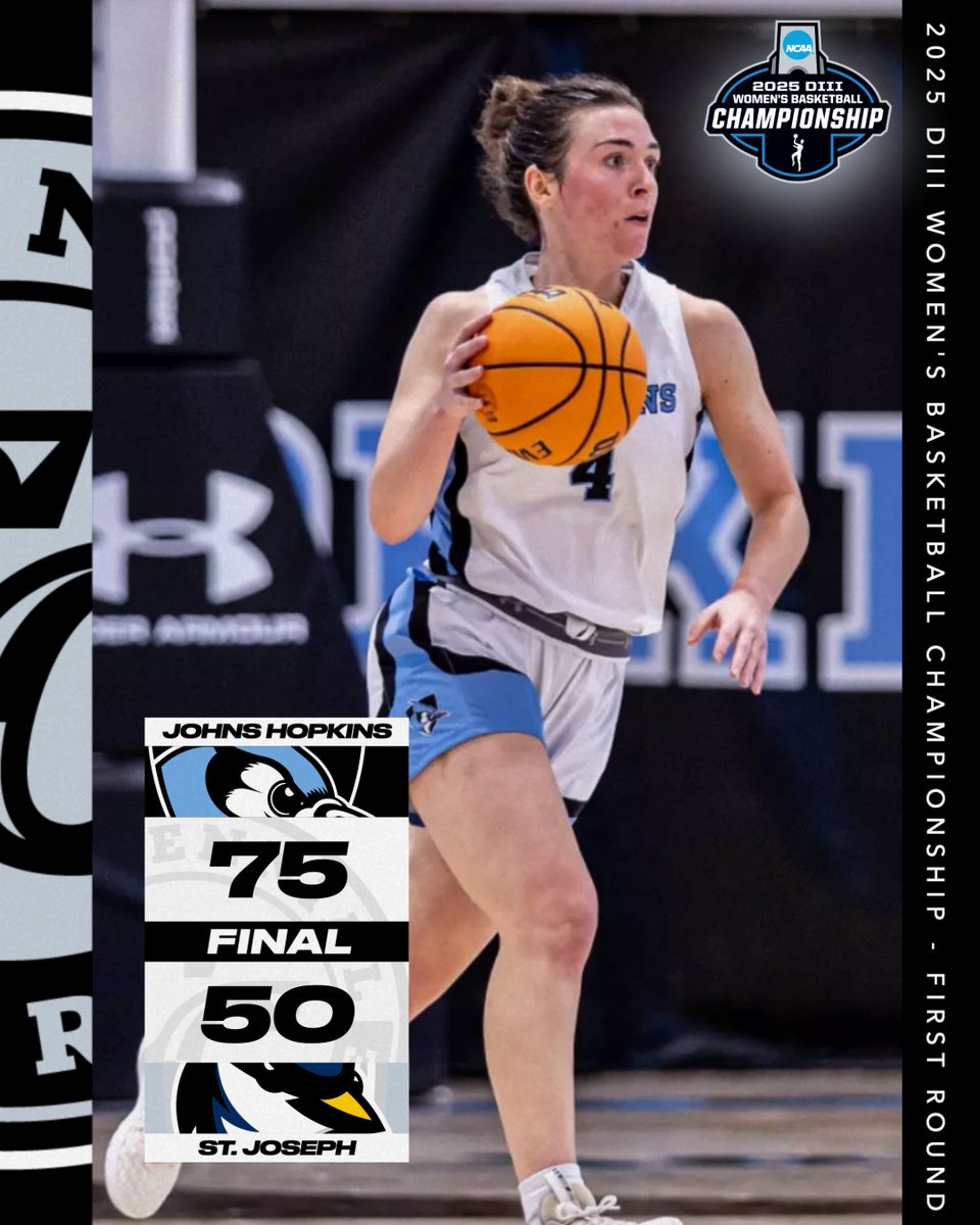 NCAA | FIRST ROUND

<a href="/JHUwbb/">Johns Hopkins Women’s Basketball</a> rolls past Saint Joseph, 75-50, in the <a href="/NCAADIII/">NCAA Division III</a> first round

Feldman powered <a href="/HopkinsSports/">HOPKINS ATHLETICS</a> with a game-high 2⃣0⃣ points, 1⃣1⃣ rebounds, and 7⃣ assists

The Blue Jays host Carnegie Mellon tomorrow at 7:15 pm

#ccwbb #d3hoops