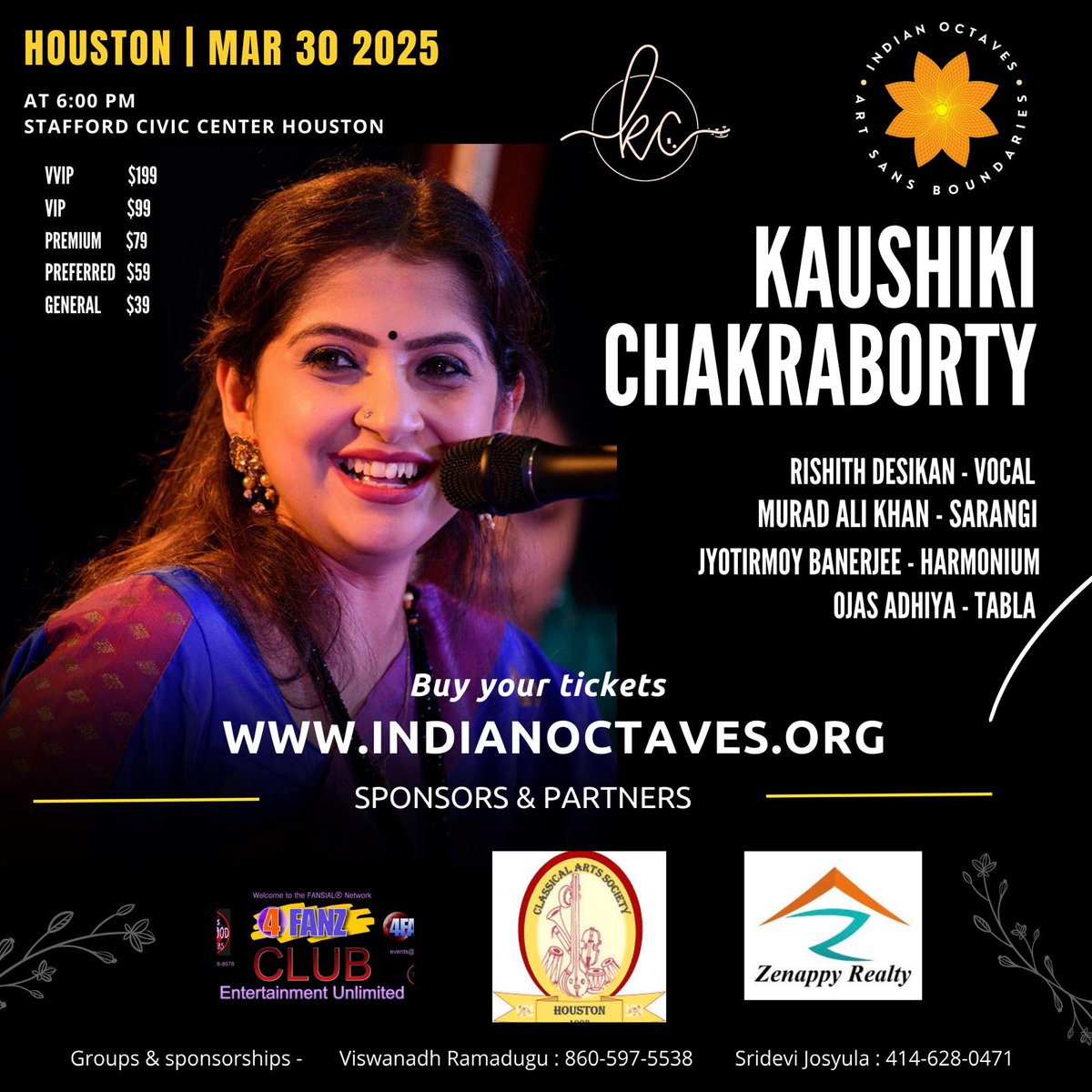 mvsakrishna's tweet photo. 🎵 Celebrate Indian heritage with Kaushiki Chakraborty! Mar 30, 2025, 6 PM, Stafford Civic Center, Houston. VIP $199, Gen $39. Bring a friend—tickets at https://t.co/jqhHgqqUMy #KaushikiHouston2025 #WorldMusic https://t.co/SVZmYIKqwE