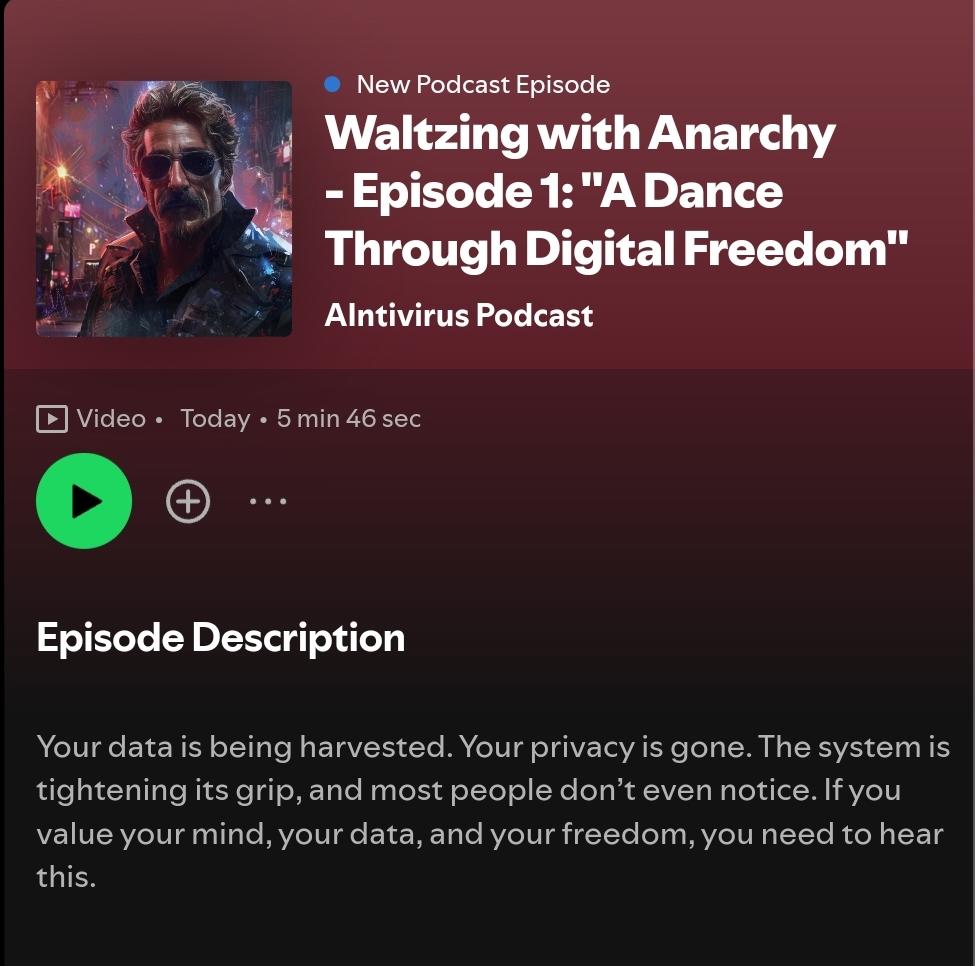 Waltzing With Anarchy - The New Podcast From AI John McAfee. The first episode, "A Dance Through Digital Freedom" is out now. 

The $AIntivirus AI John McAfee bot named this podcast, named the episode, made the artwork, and wrote all the content.

You can listen here.👇