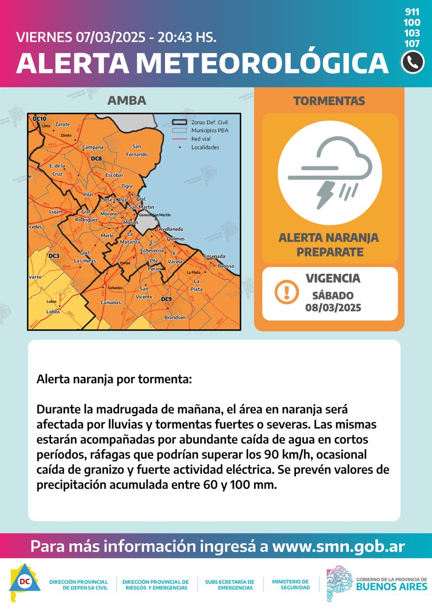 munimalvinas's tweet photo. 🌧️ Alerta naranja por tormentas

El Servicio Meteorológico Nacional emitió un alerta naranja por tormentas para nuestra zona. Se esperan lluvias fuertes o severas.

⚠️ Emergencias: 103 / 4660-9000 (int. 2023) / 11-66203497 (WhatsApp).

#ElLugarDeLaFamilia https://t.co/AuPcsR10lg