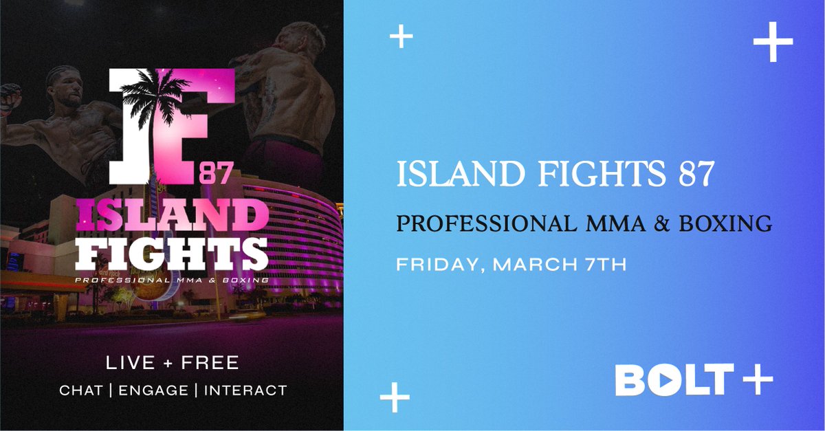 boltplus's tweet photo. We are LIVE with today's fight action.

Join us NOW for Island  Fights 87 - 🥊 🥊 

https://t.co/2zRCg8ubeP 

#MMA #LiveFights #IslandFights87 https://t.co/uqGfvzQLbz