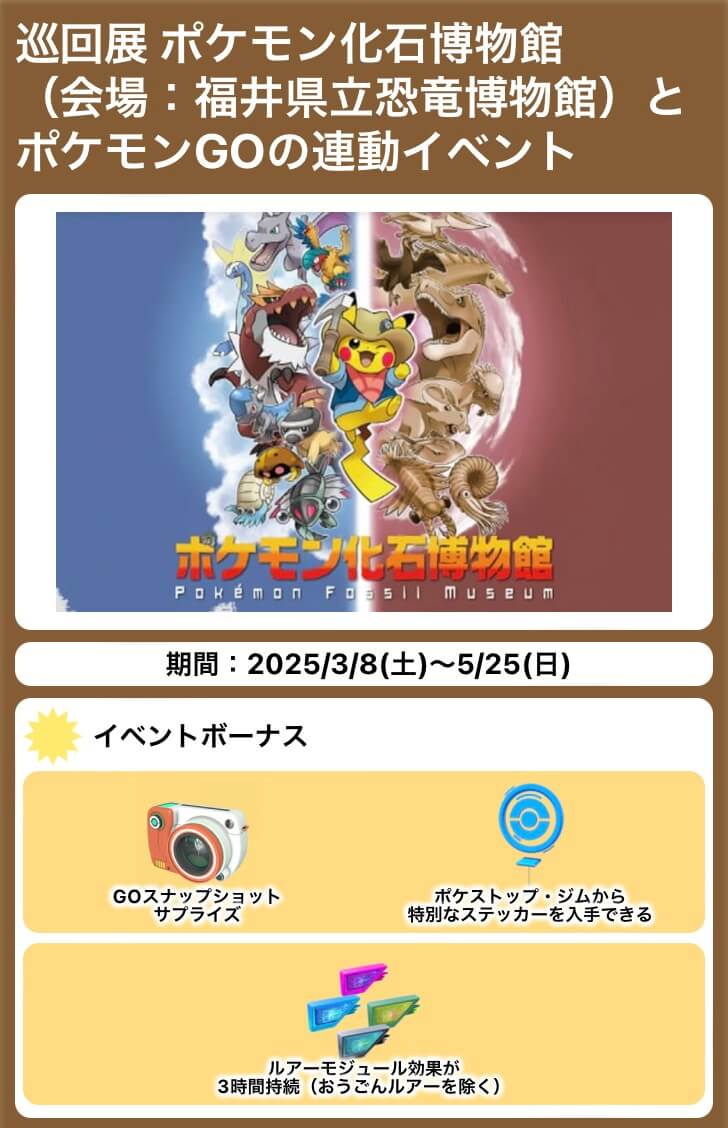pokemapi's tweet photo. 巡回展 ポケモン化石博物館（会場：福井県立恐竜博物館）とポケモンGOの連動イベント

期間：2025/3/8(土)～5/25(日)

・現地イベント
・化石ポケモン大量発生
・特別なステッカー
・無料タイムチャレンジ
など

会場行かれる方、情報お教えください🙇‍♀️

▼https://t.co/HAlMwig8ic

#ポケモンGO https://t.co/1QXxla6FLN