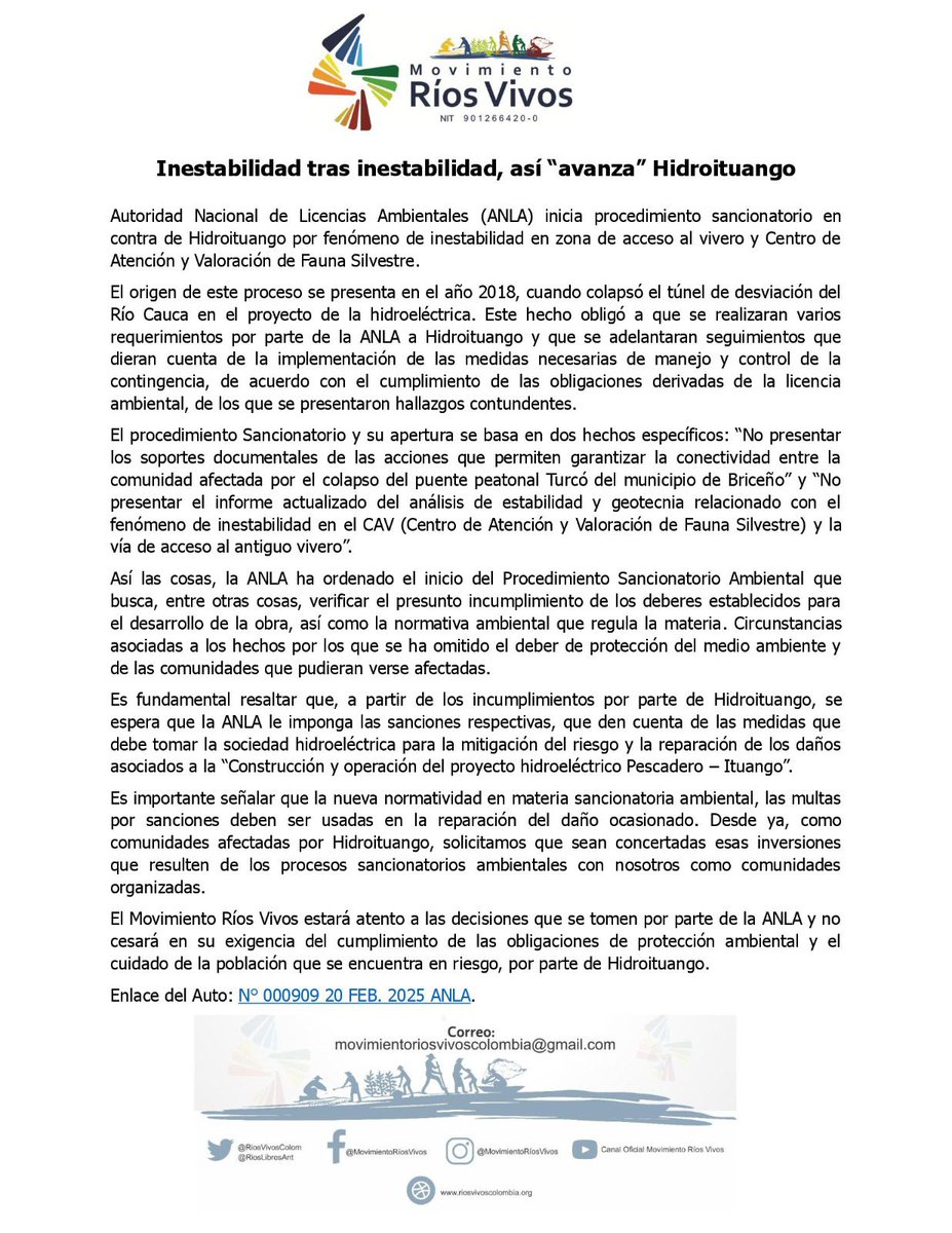 Autoridad Nacional de Licencias Ambientales (ANLA) inicia procedimiento sancionatorio en
contra de Hidroituango por fenómeno de inestabilidad en zona de acceso al vivero y Centro de Atención y Valoración de Fauna Silvestre.  bit.ly/3F5vMZB