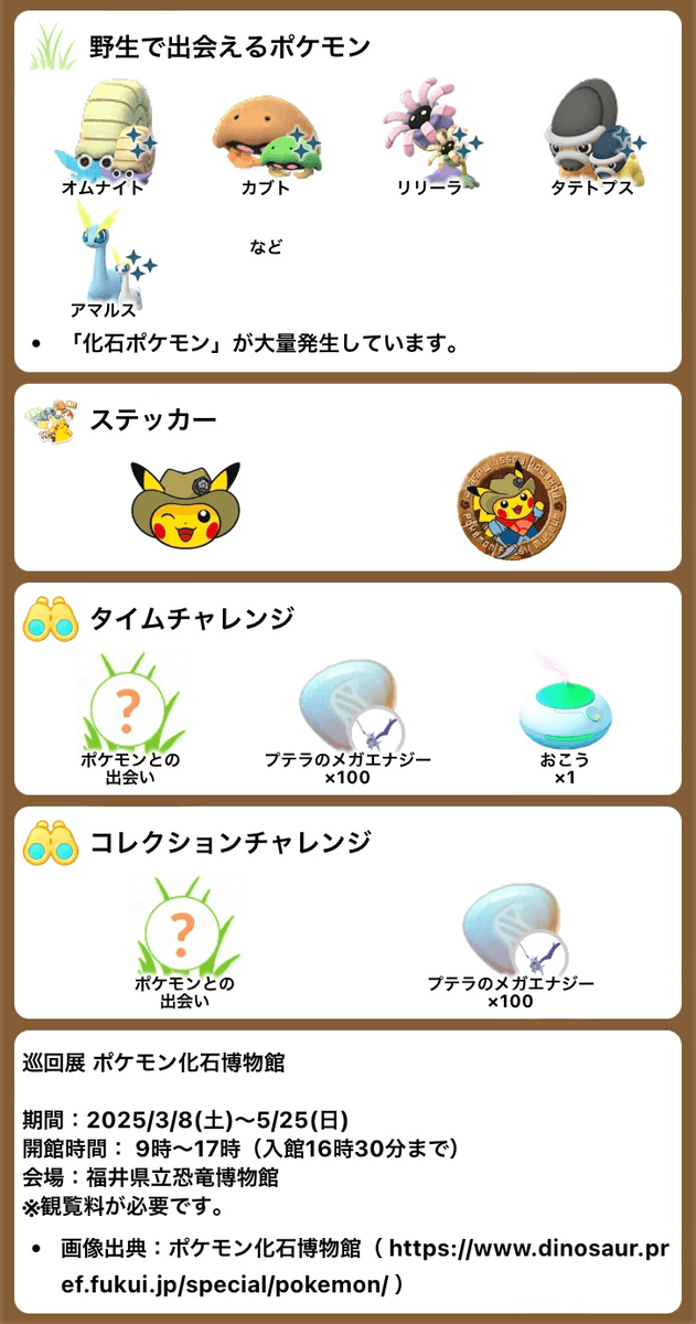 pokemapi's tweet photo. 巡回展 ポケモン化石博物館（会場：福井県立恐竜博物館）とポケモンGOの連動イベント

期間：2025/3/8(土)～5/25(日)

・現地イベント
・化石ポケモン大量発生
・特別なステッカー
・無料タイムチャレンジ
など

会場行かれる方、情報お教えください🙇‍♀️

▼https://t.co/HAlMwig8ic

#ポケモンGO https://t.co/1QXxla6FLN