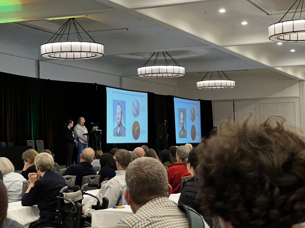 Ed Buckler awarded the 2025 McClintock Prize in absentia. Two thirds of the room standing by the end of “if you were trained by Ed, stand up. If you were trained by one of those people, stand up. If Ed’s work has shaped your career, stand up.”