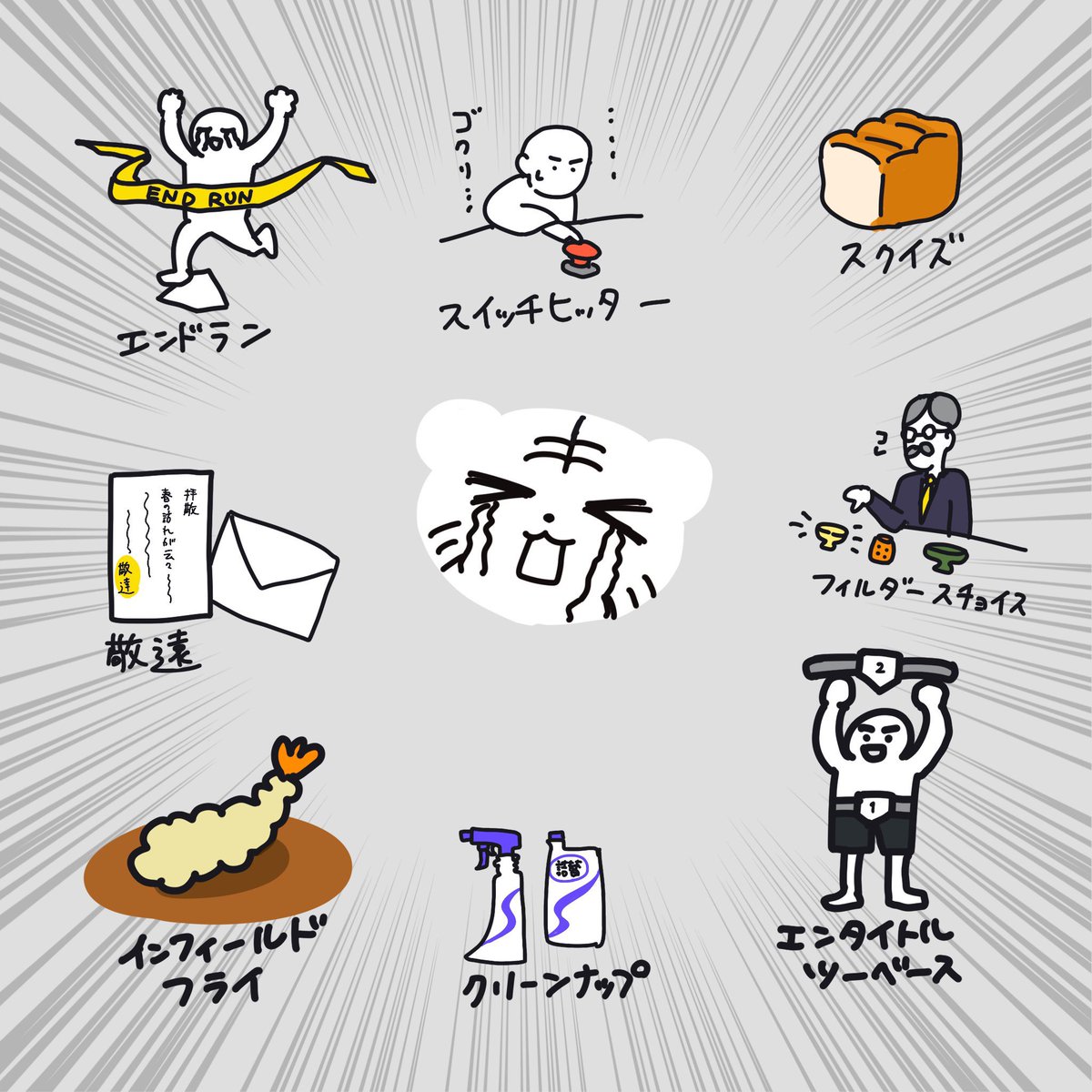 スクイズ」(squeeze)は元々「絞る」「絞り出す」意味なので語源は間違ってない