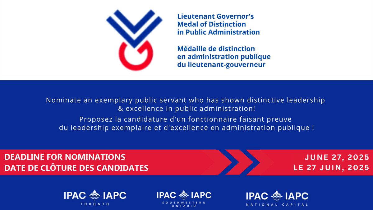 IPAC Toronto Region (@ipactoronto) on Twitter photo Appel de mise à  candidature pour la Médaille de distinction en administration publique du lieutenant-gouverneur! La médaille est le prix le plus prestigieux décerné à une fonctionnaire en Ontario !
Pour plus de renseignements:
ipac.ca/Toronto/Torontā¦
<a href="/LGOntario/">Edith Dumont</a> <a href="/IPAC_IAPC/">Institute of Public Admin. of Canada</a> Appel de mise à  candidature pour la Médaille de distinction en administration publique du lieutenant-gouverneur! La médaille est le prix le plus prestigieux décerné à une fonctionnaire en Ontario !
Pour plus de renseignements:
ipac.ca/Toronto/Torontā¦
<a href="/LGOntario/">Edith Dumont</a> <a href="/IPAC_IAPC/">Institute of Public Admin. of Canada</a>
