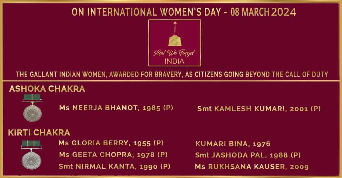 LestWeForgetIN's tweet photo. #LestWeForgetIndia🇮🇳 The Gallant Women -#IndianBraves who have gone beyond their call of duty as Citizens.   

Today, on #InternationalWomensDay we salute the women, who have been awarded the #AshokaChakra, #KirtiChakra, #ShauryaChakra over the years. #महिलादिवस #HappyWomensDay2025