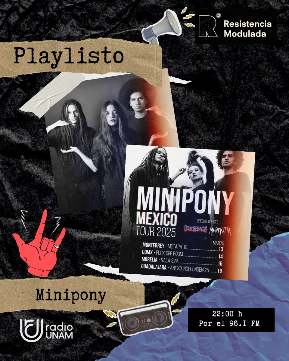 RModulada's tweet photo. Mas tarde... En #Playlisto 📀 Desde Ecuador #Minipony nos cuenta todos los detalles de su próximo tour en México. 😎⚡ Recuerda, 96.1 FM de @RadioUNAM, también escúchanos a través de https://t.co/KsOBti5Xk4 🖤 https://t.co/cOfZAHrcPf