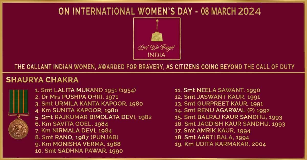 LestWeForgetIN's tweet photo. #LestWeForgetIndia🇮🇳 The Gallant Women -#IndianBraves who have gone beyond their call of duty as Citizens.   

Today, on #InternationalWomensDay we salute the women, who have been awarded the #AshokaChakra, #KirtiChakra, #ShauryaChakra over the years. #महिलादिवस #HappyWomensDay2025