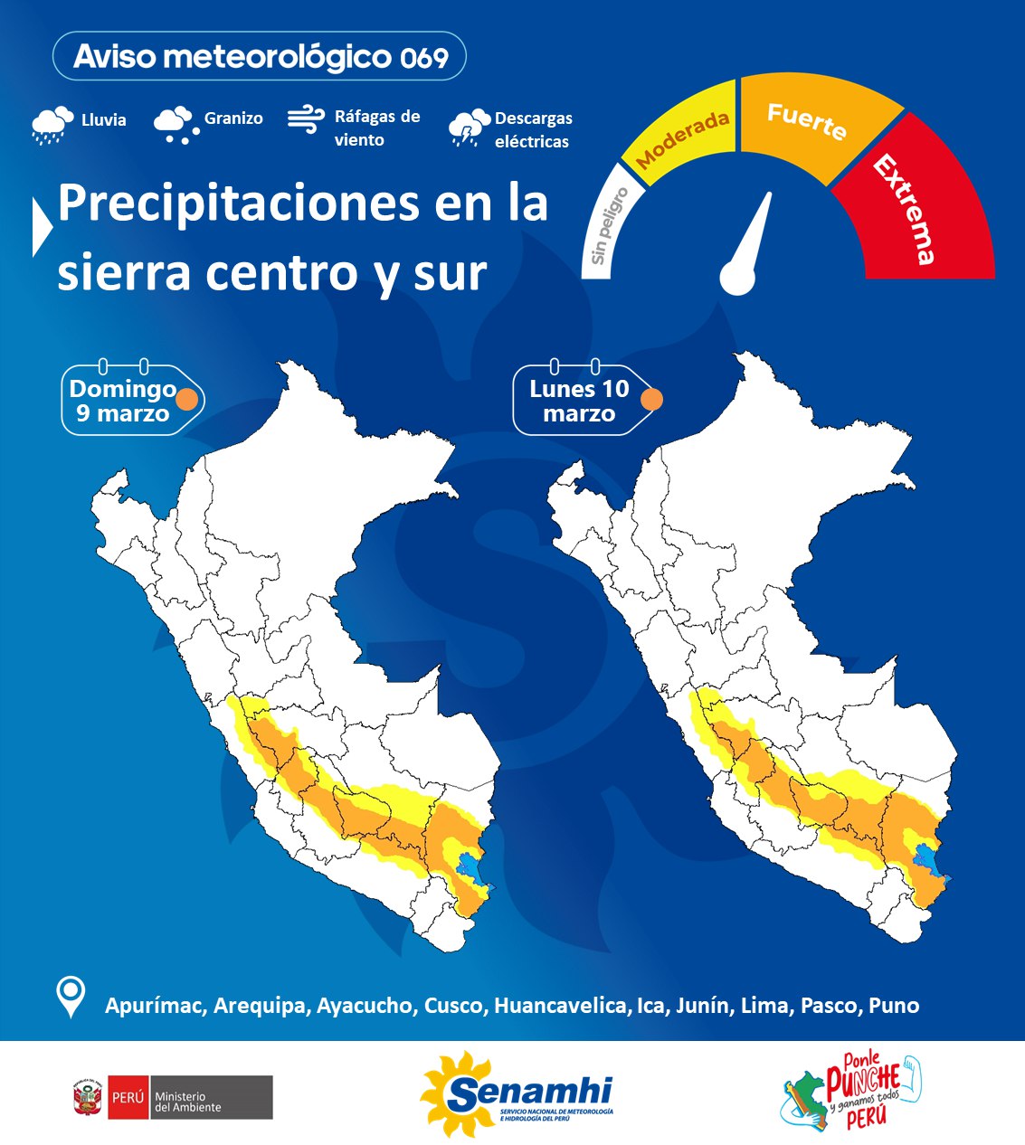Entre el domingo 9 y lunes 10 de marzo, se espera precipitaciones diversas, acompañadas de descargas eléctricas en las zonas centro y sur de la sierra.
