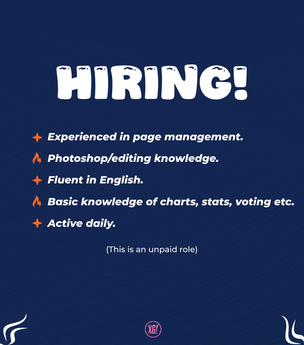 We are happy to announce that our admin positions are now open!

If you meet the requirements, send us a DM with the following informations:
🔸Your age.
🔸A past photoshop work if you have one.
🔸A fan page if you run one.
🔸Average time you can be active per day.

#XG #ALPHAZ