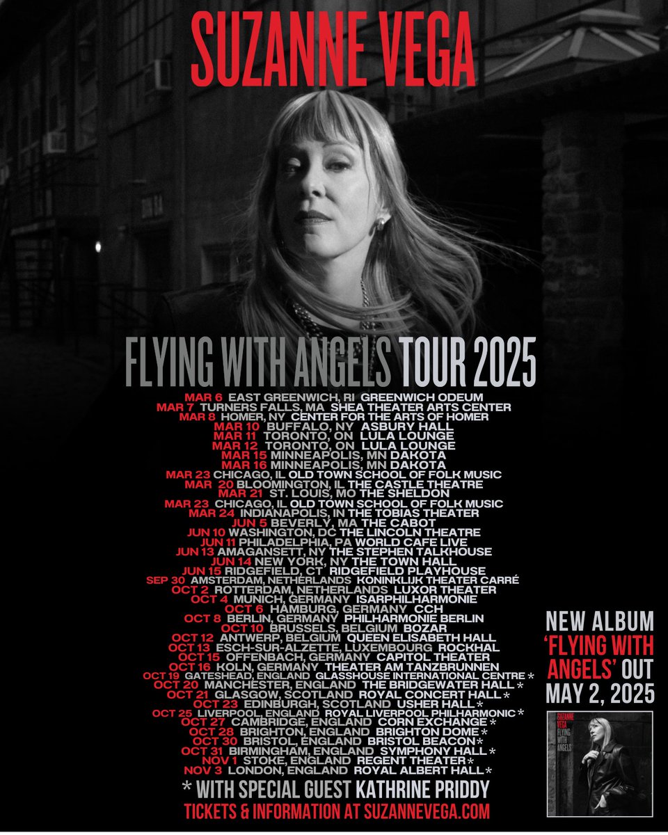 A great start to the 2025 tour last night! Excited to see more of you on the rest of the tour. My new US, UK, &amp; EU shows just went on sale today! Tickets are available at suzannevega.com/tour
Can’t wait for you to hear new songs from Flying With Angels live💋🌹 See you