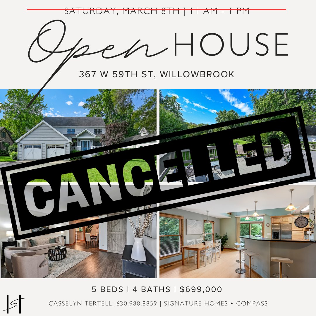 SigHomesCompass's tweet photo. 📢 Apologies for the inconvenience, but the open house at 367 W 59th St in Willowbrook, originally scheduled for tomorrow, has been canceled. https://t.co/joNjNNJLvo
