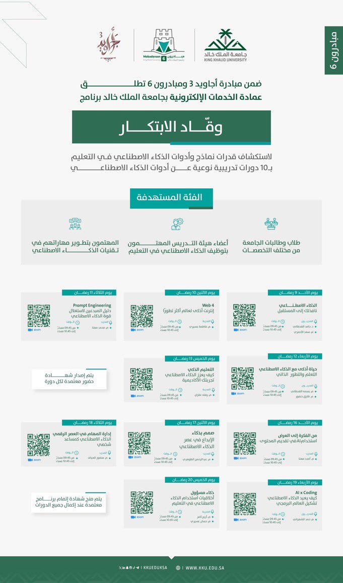 للمهتمين بمجال #الذكاء_الاصطناعي و كل ما يتعلق فيه✨ 

بين أيديكم دورات تدريبية تغطي غالبية جوانب المجال تقدمها #جامعة_الملك_خالد 
مع نخبة من المدربين المميزين خلال شهر رمضان المبارك.