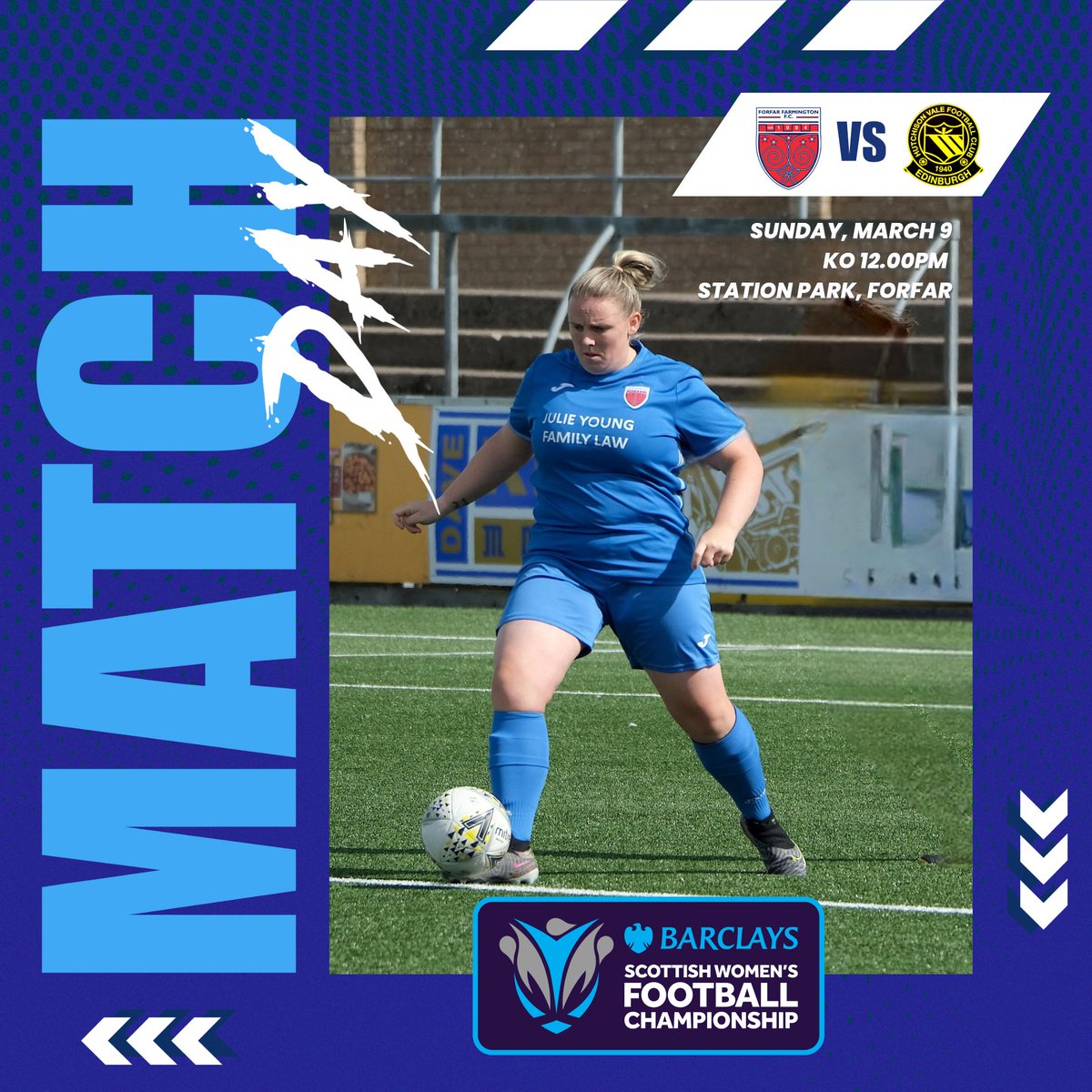 We return to Station Park this week in <a href="/SWFChampionship/">Barclays Scottish Women's Championship</a>, playing host to Hutchison Vale 💙 ⚽️ 

⚽️ Forfar Farmington v Hutchison Vale  
🕝 1200KO
🏟 Station Park, Forfar 
💰 £2 entry, (Under 16 Free) 

In partnership with
<a href="/ForfarCFT/">Forfar Community Football Trust</a> 
#fclub <a href="/BarclaysUK/">Barclays UK</a> #SheCanSheWill

📷Sportspix