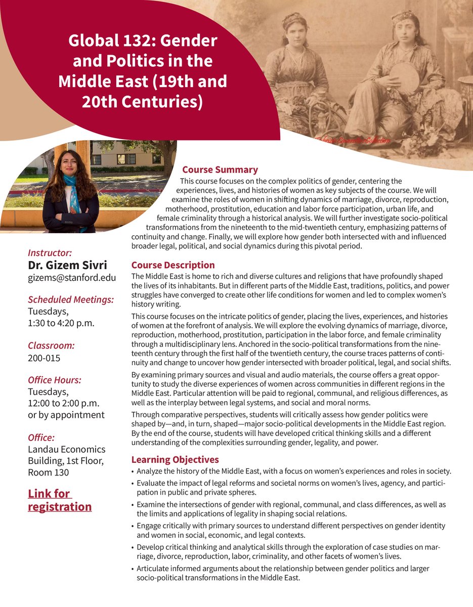 📢📚🌱 Stanford students: Sign up for a new course on gender and politics in the Middle East this spring quarter!

𝗚𝗹𝗼𝗯𝗮𝗹 𝟭𝟯𝟮: 𝗚𝗲𝗻𝗱𝗲𝗿 𝗮𝗻𝗱 𝗣𝗼𝗹𝗶𝘁𝗶𝗰𝘀 𝗶𝗻 𝘁𝗵𝗲 𝗠𝗶𝗱𝗱𝗹𝗲 𝗘𝗮𝘀𝘁 (𝟭𝟵𝘁𝗵 𝗮𝗻𝗱 𝟮𝟬𝘁𝗵 𝗖𝗲𝗻𝘁𝘂𝗿𝗶𝗲𝘀)

Instructor: 𝗗𝗿.