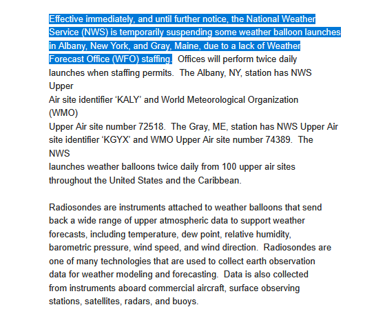 AH_Status's tweet image. Effective immediately, and until further notice, the National Weather Service (NWS) is temporarily suspending some weather balloon launches in Albany, New York, and Gray, Maine, due to a lack of Weather Forecast Office (WFO) staffing. #NYwx #MEwx #USwx