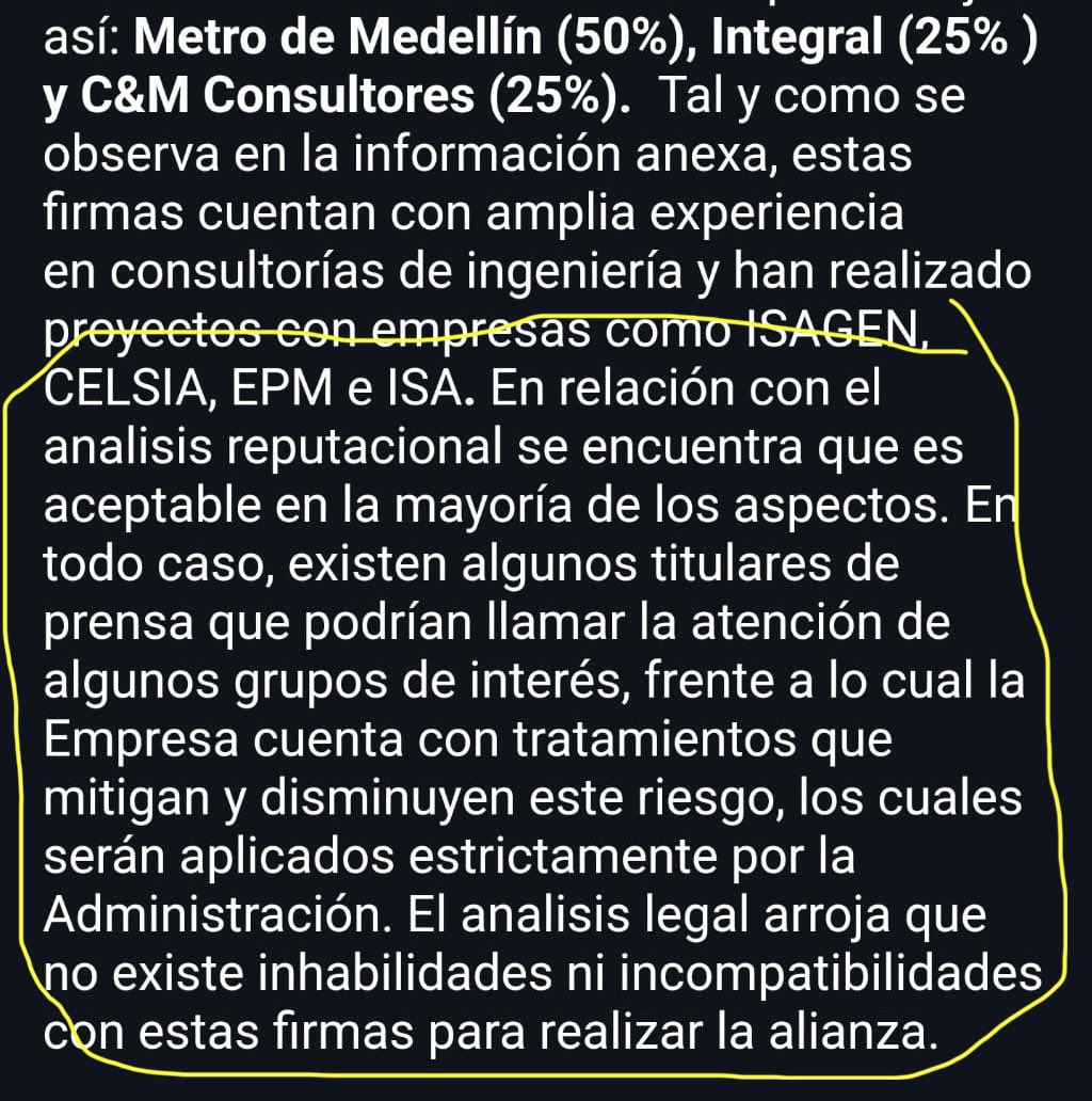 QuinteroCalle's tweet photo. 🚨ALERTA | Junta directiva del Metro de Medellín está a punto de firmar la entrada de INTEGRAL como socia del Metro. Esta empresa fue la diseñadora de Hidroituango y fue condenada por irregularidades que llevaron a su colapso.

Miren como en el documento reconocen que esto será un escándalo pero dicen que seguirán adelante. Una Alcaldía indefendible.