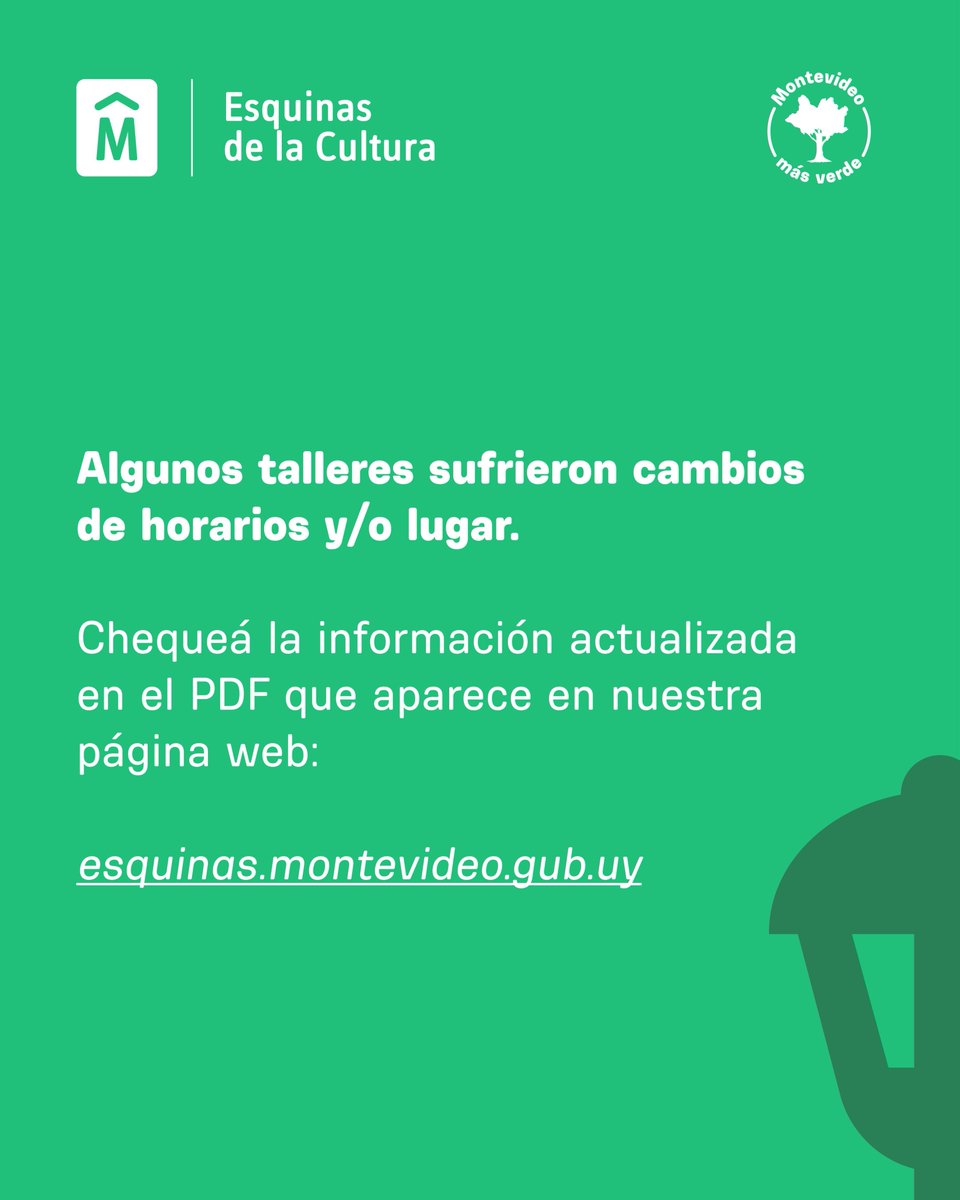 INFORMACIÓN IMPORTANTE 📣

Algunos talleres sufrieron cambios de horarios y/o lugar, les pedimos disculpas por las molestias ocasionadas y les solicitamos que chequeen la información actualizada disponible en nuestra página web: esquinas.montevideo.gub.uy/talleres-artis…
