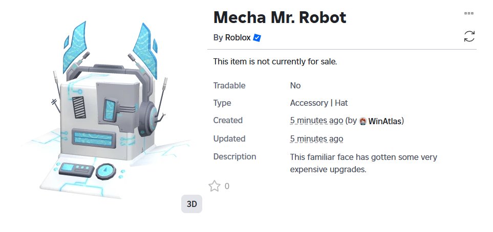 RoGameNews's tweet image. Seems like possible Event Items for "The Hunt: Second Edition" are currently getting uploaded! Introducing the "Mecha Mr. Robot". 📦
Item Link: roblox.com/hidden-catalog…
#RobloxDevs #RobloxDev #RobloxItem #Roblox #TheHunt #TheHuntSecondEdition #New #MrRobot #Mecha