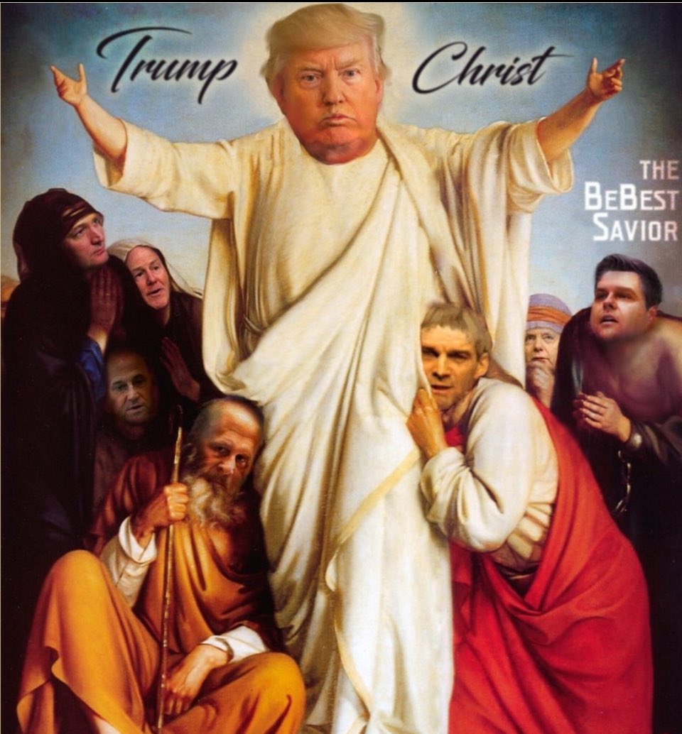 IfSixWere9's tweet image. Mike Johnson, the blasphemous little man showing the world he doesn’t worship God he worships Donald Trump. He lies. He’s lying right to our faces.
Here’s your God Mike and if there is a God, you better bring a lot of burn lotion with you when you die.